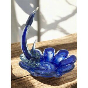 MCM Blue Dolphin Art Glass Candy dish Mid Century Modern 9"